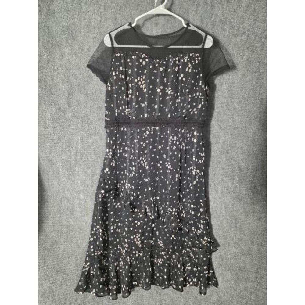 Scarlet Black Floral Mesh Yoke Ruffle Midi Dress Womens 2XL Short Sleeve Striped